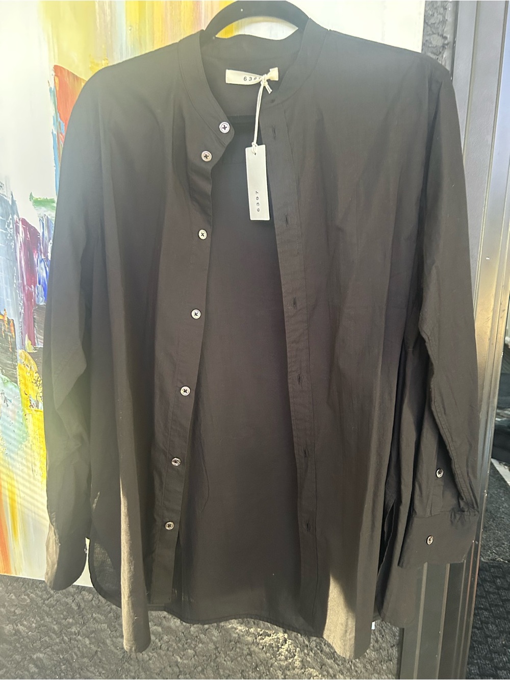 Brand New 6397 Black Long Sleeve Band Collar Button Down Shirt